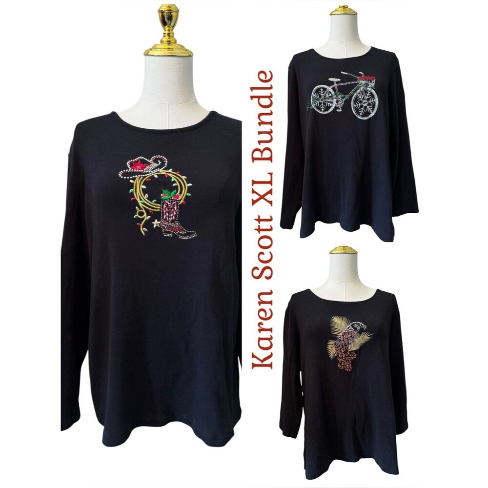 Bundle of 3 Karen Scott Black Long Sleeve Tops  with Embellished Designs XL